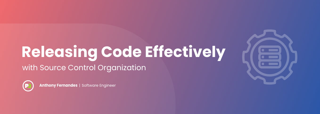 Blog header with title "Releasing Code Effectively with Source Control Organization" by Anthony Fernandes, Software Engineer. The background is a gradient from coral on the left to a more royal blue on the right, creating a purple effect throughout. The text is bold, white, left justified and on the right side is opaque white line art of a gear or cog with three rectangles in the middle of it, depicting the steps in a project management system.